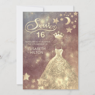 Celestial moon and stars calligraphy sweet sixteen invitation