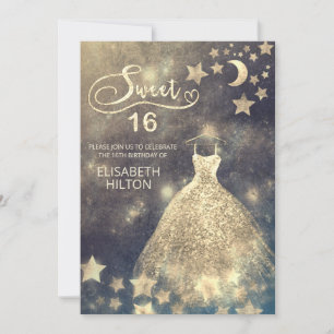 Celestial moon and stars calligraphy sweet sixteen invitation