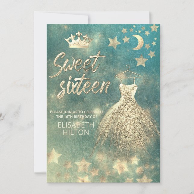 Celestial moon and stars calligraphy sweet sixteen invitation (Front)
