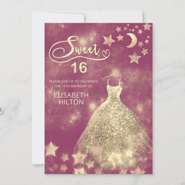 Celestial moon and stars calligraphy sweet sixteen invitation (Front)