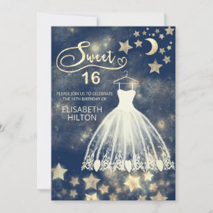 Celestial moon and stars calligraphy sweet sixteen invitation