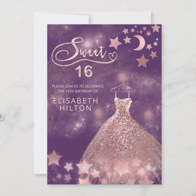 Celestial moon and stars calligraphy sweet sixteen invitation (Front)