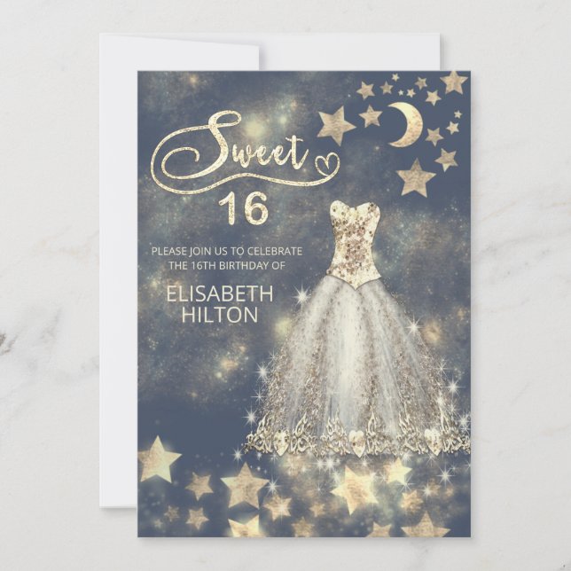 Celestial moon and stars calligraphy sweet sixteen invitation (Front)