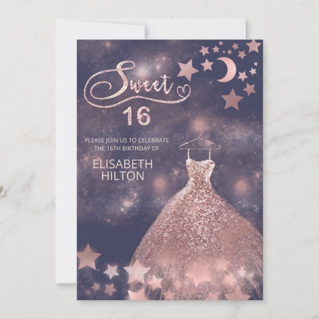Celestial moon and stars calligraphy sweet sixteen invitation (Front)