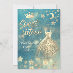 Celestial moon and stars calligraphy sweet sixteen invitation