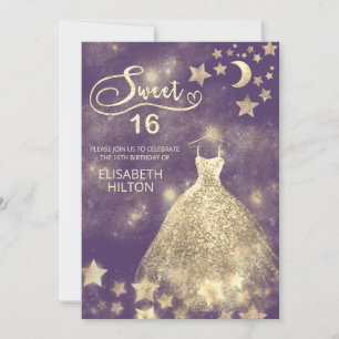 Celestial moon and stars calligraphy sweet sixteen invitation