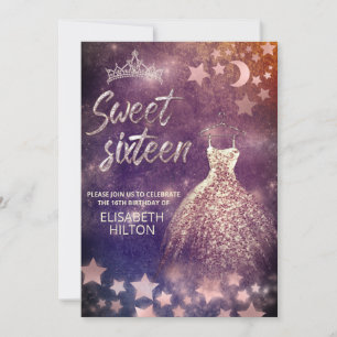 Celestial moon and stars calligraphy sweet sixteen invitation