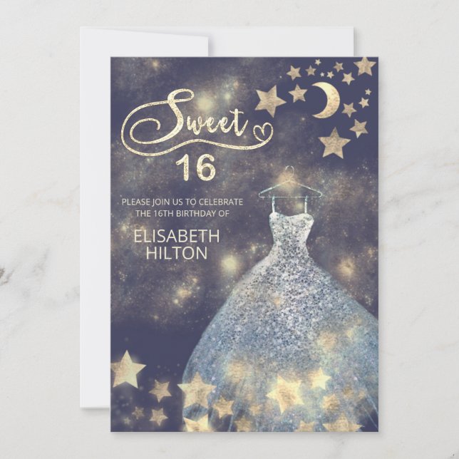 Celestial moon and stars calligraphy sweet sixteen invitation (Front)