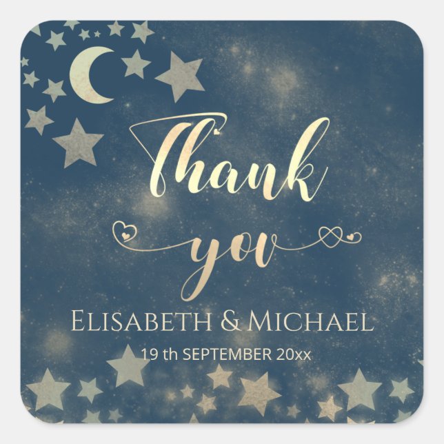 Celestial  moon and stars calligraphy thank you sq square sticker (Front)
