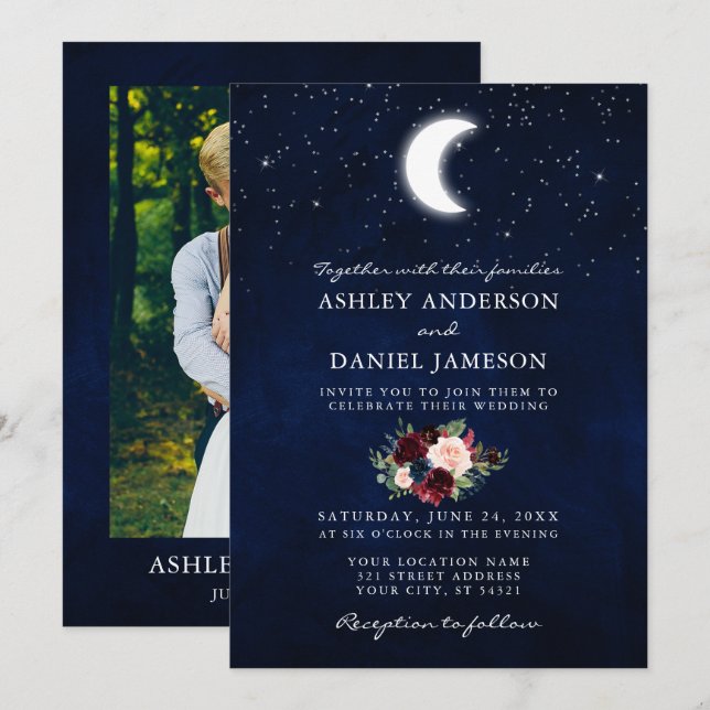 Celestial Moon and Stars Floral Photo Wedding Invitation (Front/Back)