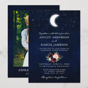 Celestial Moon and Stars Floral Photo Wedding Invitation