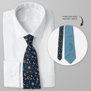 Celestial Moon and Stars Folk Art Tie