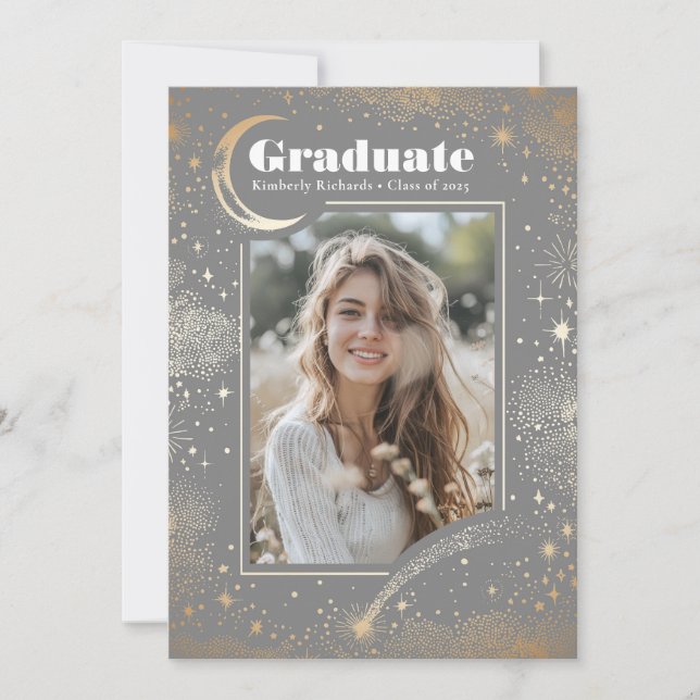 Celestial Moon and Stars Graduate Photo Graduation Invitation (Front)