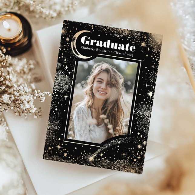 Celestial Moon and Stars Graduate Photo Graduation Invitation (Celestial Black Graduation Party Photo Invitations)