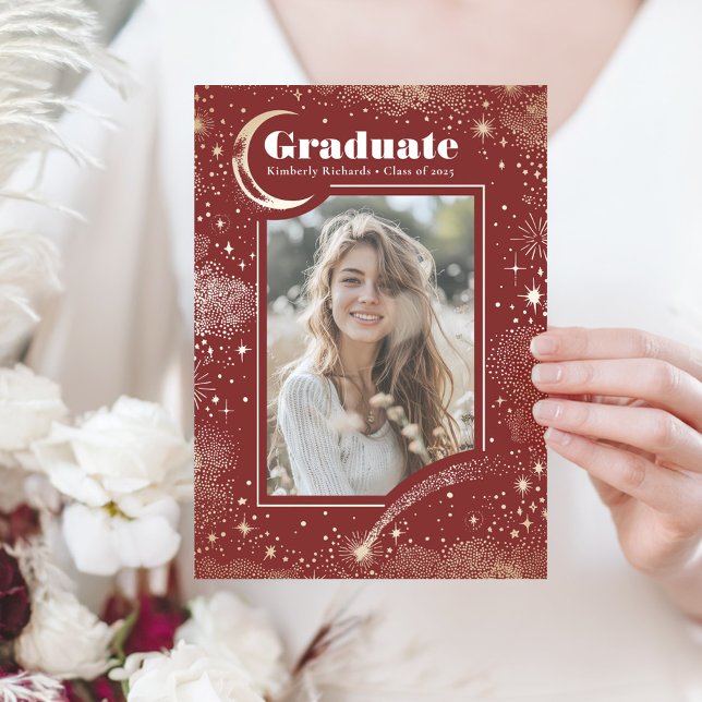 Celestial Moon and Stars Graduate Photo Graduation Invitation (Burgundy Red and Gold Graduation Photo Invitation)