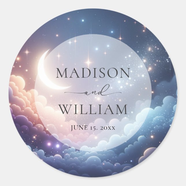 Celestial Moon and Stars Personalised Wedding Classic Round Sticker (Front)