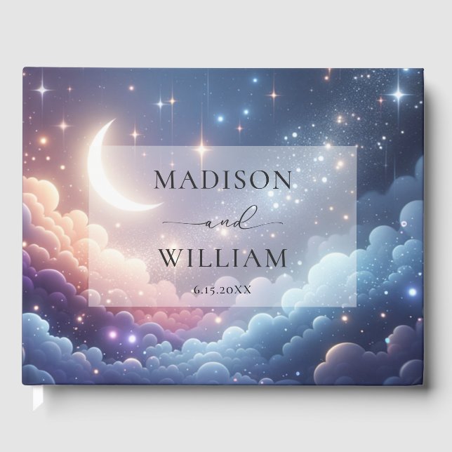 Celestial Moon and Stars Personalised Wedding Guest Book (Front)