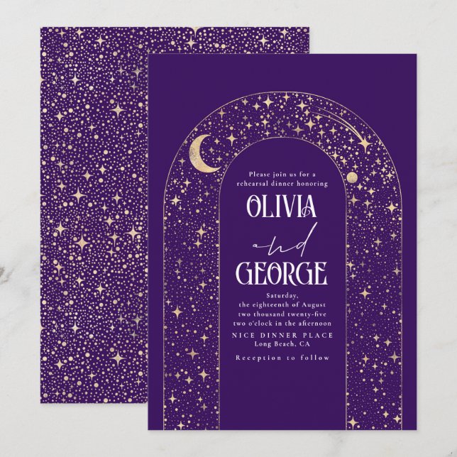 Celestial Moon and Stars Purple Rehearsal Dinner Invitation (Front/Back)