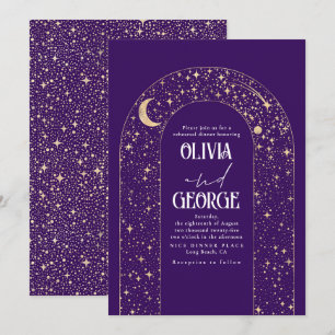 Celestial Moon and Stars Purple Rehearsal Dinner Invitation