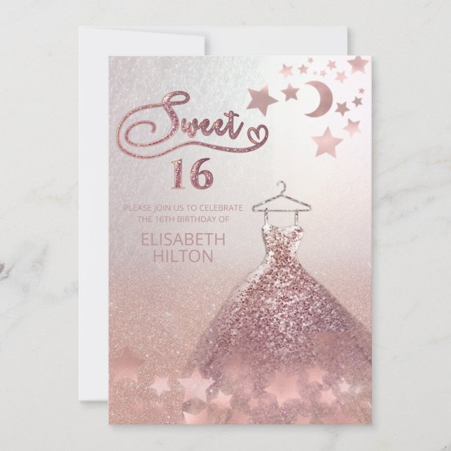 Celestial moon and stars rose gold sweet sixteen invitation (Front)