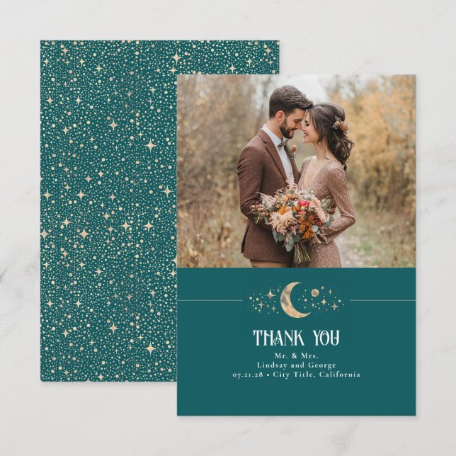Celestial Moon and Stars Teal Thank You Photo (Front/Back)