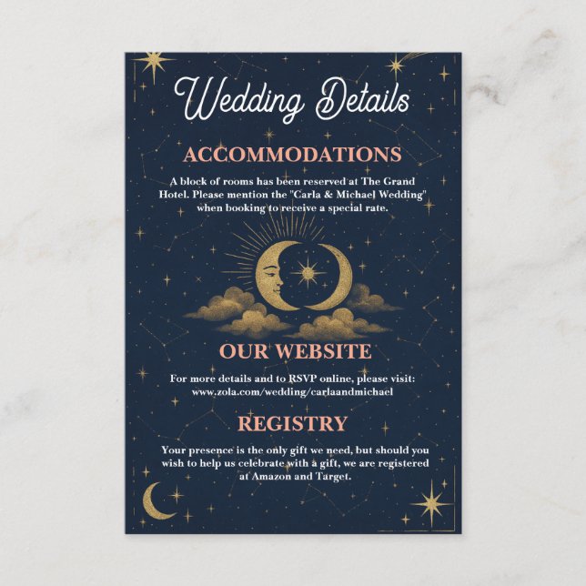 Celestial Moon and Stars Wedding Details Enclosure Card (Front)