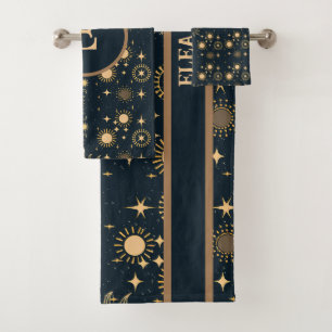 Celestial Moon and Sun Gold and Blue Personalised  Bath Towel Set