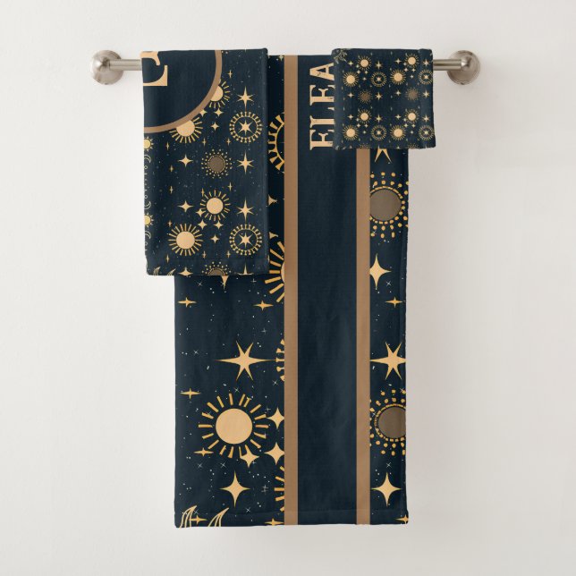 Celestial Moon and Sun Gold and Blue Personalised  Bath Towel Set (Insitu)