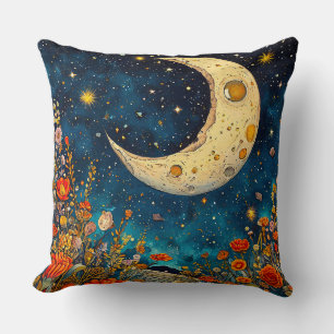 Celestial Moon and Vibrant Flowers Cushion