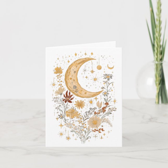 Celestial Moon and Wildflower Greeting Card – Boho (Front)