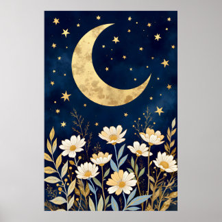 Celestial Moon and Wildflowers Poster