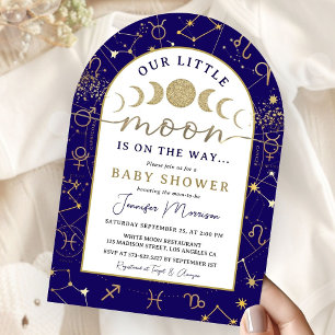 Celestial Moon Baby Shower Boy Navy Blue Gold Arch Invitation
