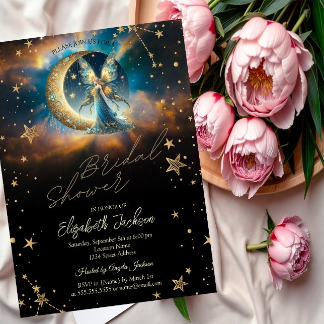 Celestial Moon Blue Fairy Stars Bridal Shower Invitation (Creator Uploaded)