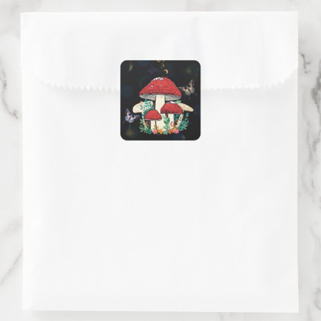 Celestial Moon Boho Magic Mushrooms Square Sticker (Bag)