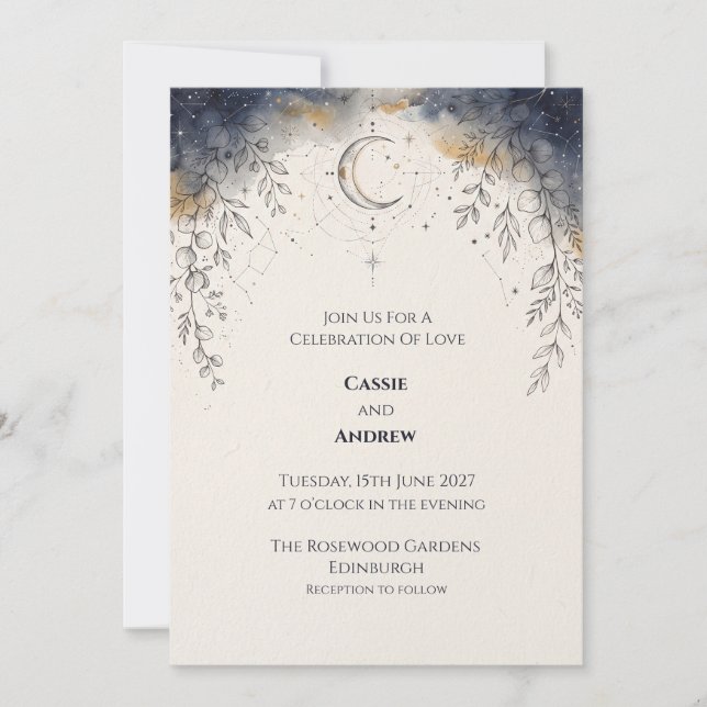 Celestial Moon Botanical Wedding Invitation (Front)