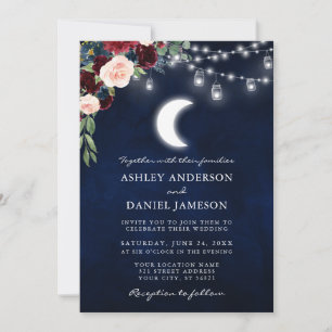 Celestial Moon Burgundy Floral Jar Lights Wedding Invitation