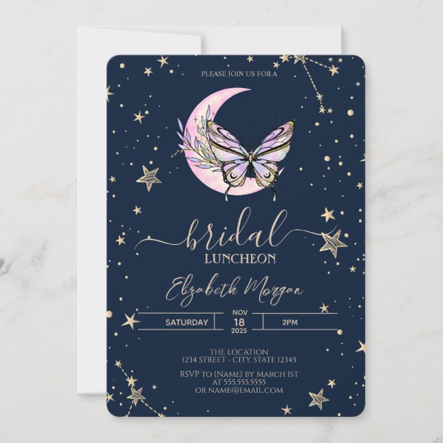 Celestial Moon Butterfly Blue Bridal Luncheon Invitation (Front)