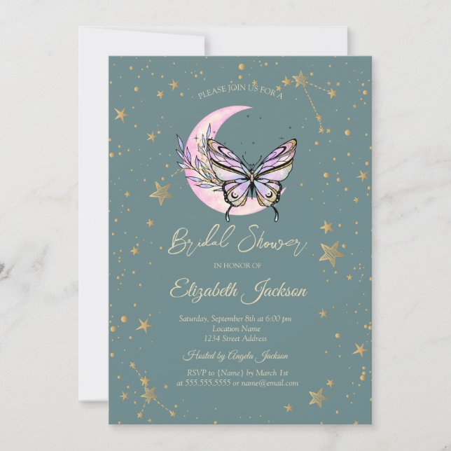 Celestial Moon,Butterfly Stars Green Bridal Shower Invitation (Front)