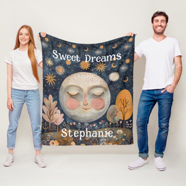 Celestial Moon Custom Name Sweet Dreams Kids Cute Fleece Blanket (In Situ)
