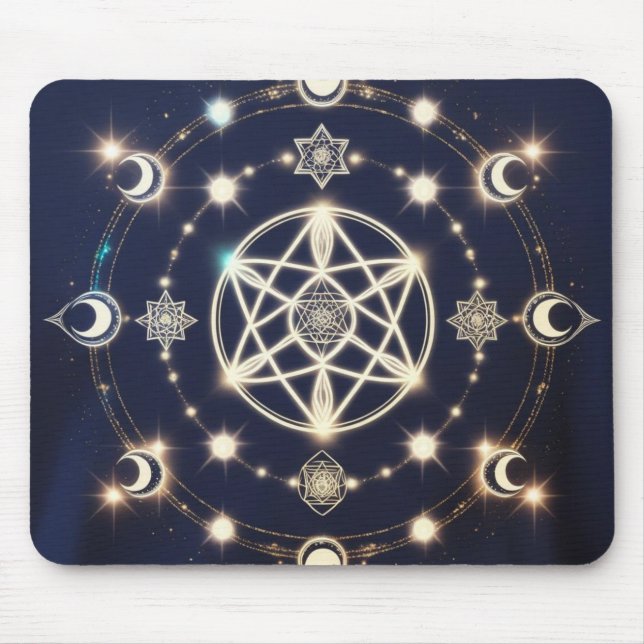 Celestial Moon Cycle Mandala – Sacred Geometry Mouse Mat (Front)