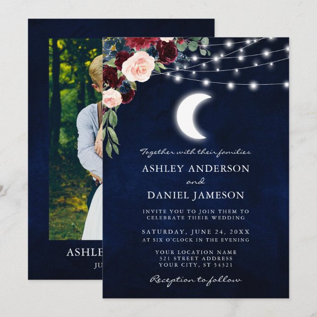 Celestial Moon Floral Lights Photo Wedding Invitation (Front/Back)