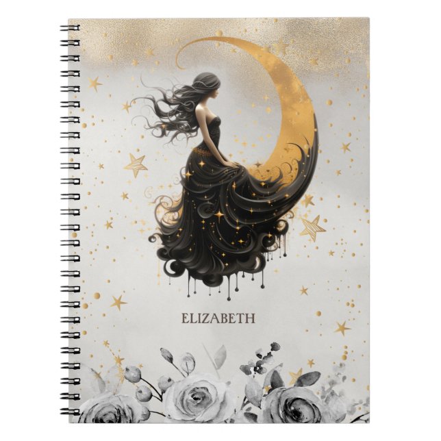 Celestial Moon Flowers,Stars  Notebook (Front)