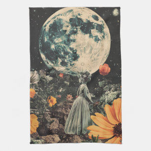 Celestial Moon Garden Sepia Floral Girl Tea Towel