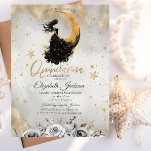 Celestial  Moon Girl Flowers Stars Quinceanera Invitation