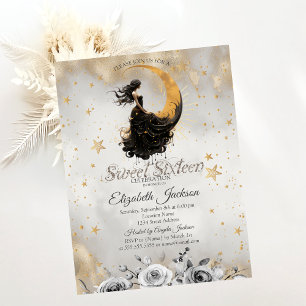 Celestial  Moon Girl Flowers Stars Sweet 16 Invitation