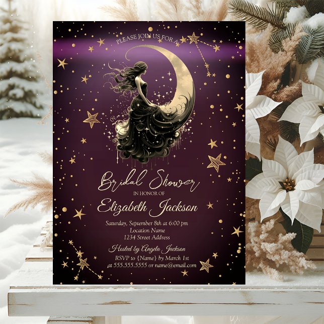 Celestial Moon,Girl Stars Burgundy Bridal Shower Invitation (Creator Uploaded)