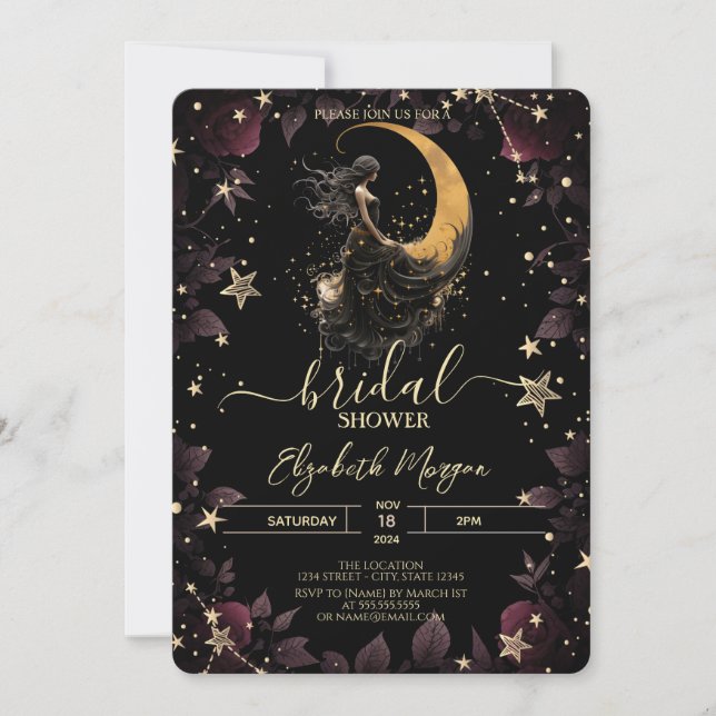 Celestial Moon,Girl,Stars Flowers Bridal Shower Invitation (Front)