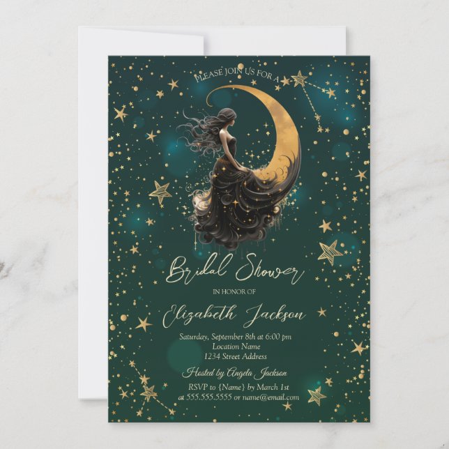 Celestial Moon,Girl Stars Green Bridal Shower Invitation (Front)