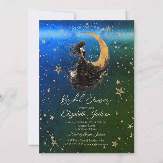 Celestial Moon,Girl,Stars Ombre Bridal Shower Invitation (Front)