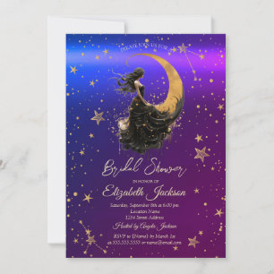 Celestial Moon,Girl,Stars Purple Bridal Shower Invitation
